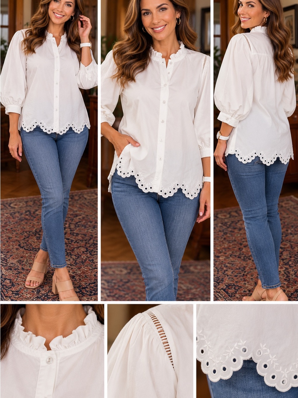 JODIFL White Eyelet Scalloped Button-Down Blouse